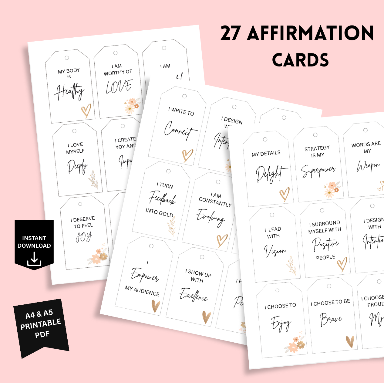 Set of affirmation cards on a pink background with text overlay.